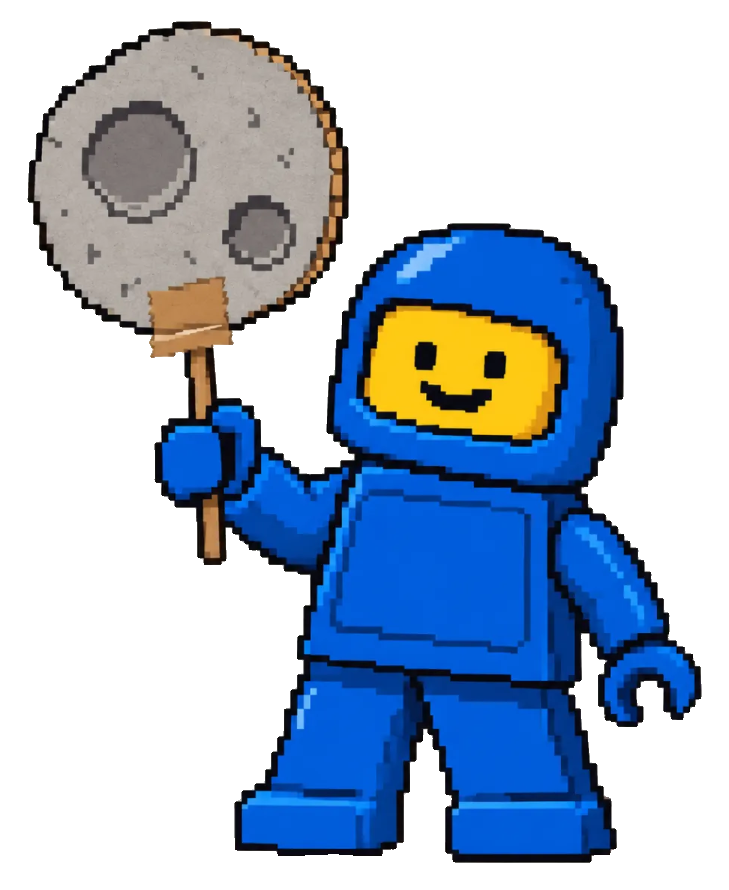 Blue-suited attendant holding the cardboard moon on a stick