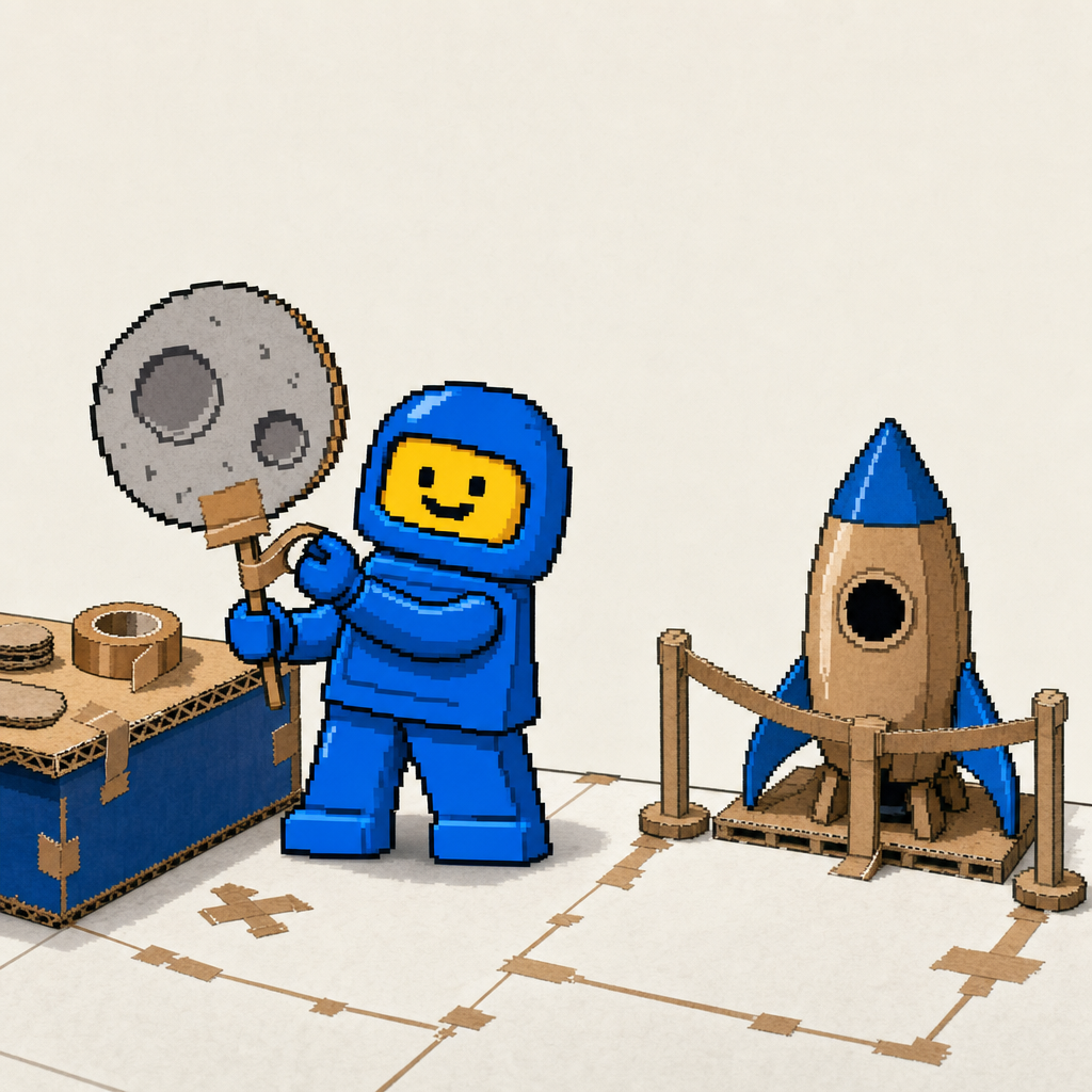 The attendant at his cardboard rental desk beside a cardboard rocket